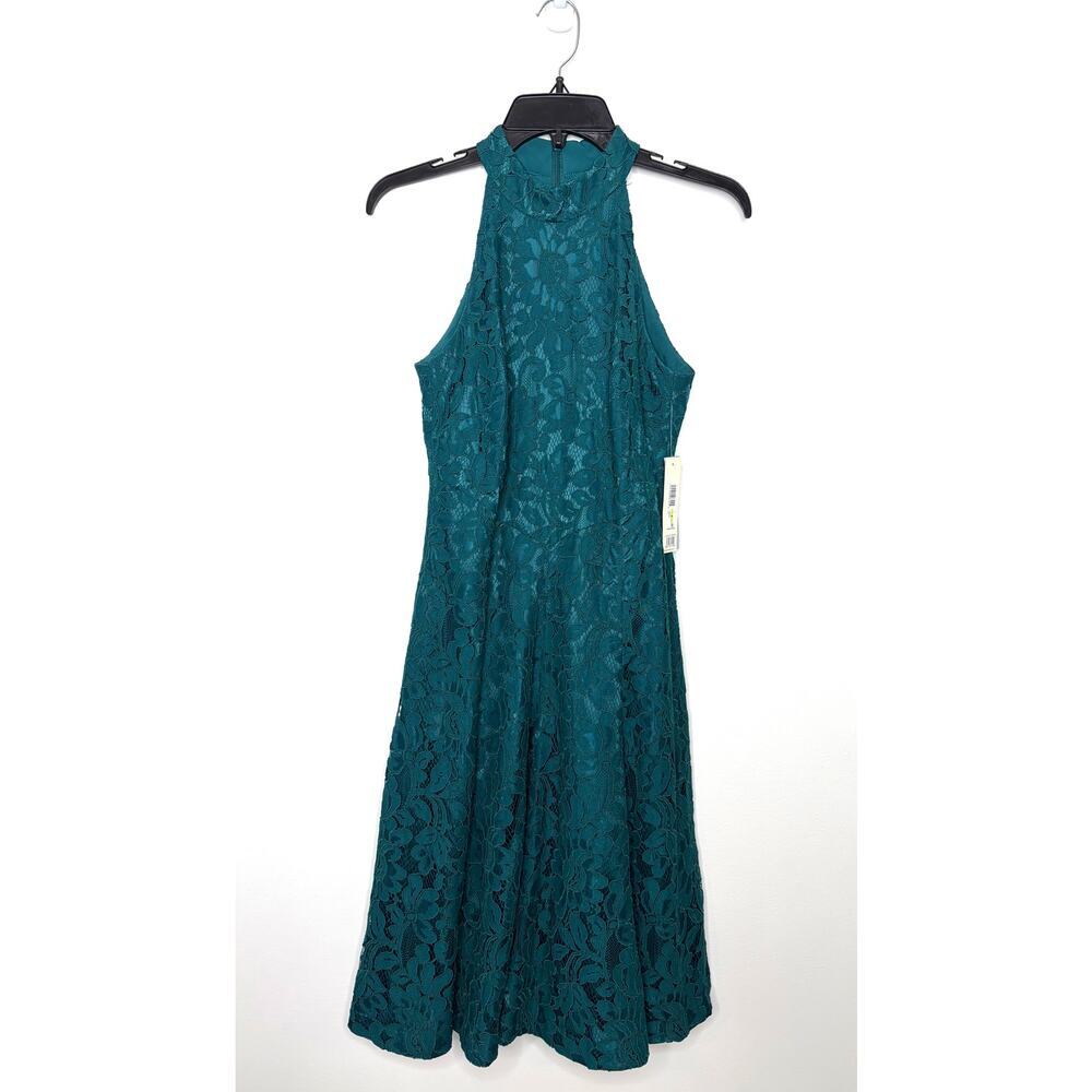Eliza J Floral Lace Fit & Flare High Neck Sleeveless Dress Sz 4 Teal Garden Chic